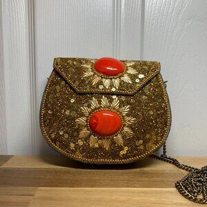Vintage Gold Beaded Crossbody Bag with Red Stones, Festival & Evening Purse